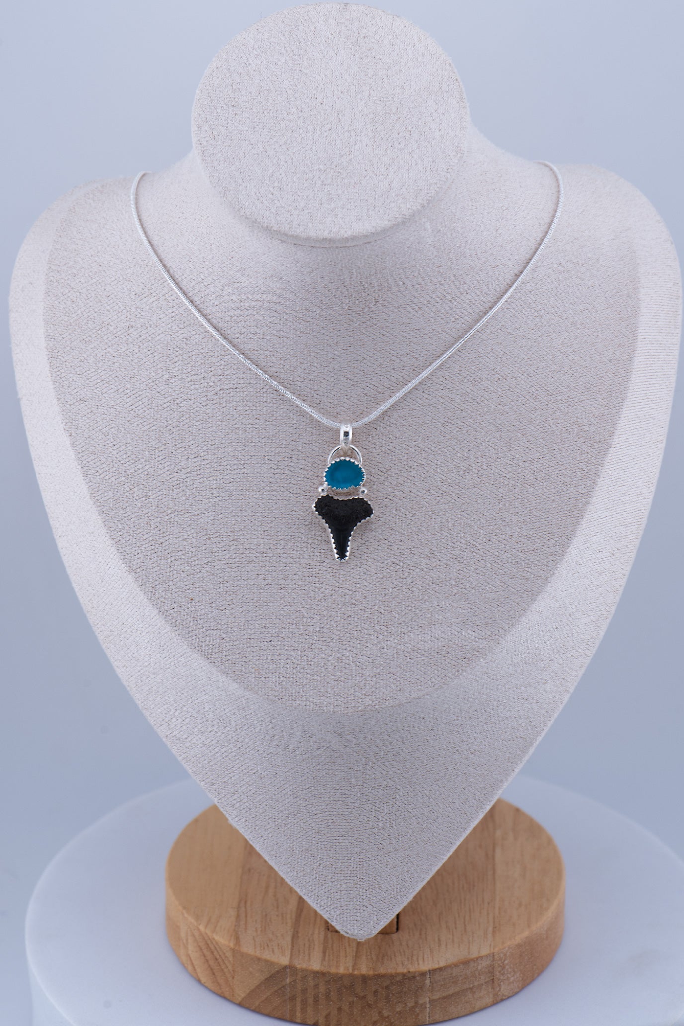 Shark tooth & Tumbled glass Pendant Necklace Sterling Silver