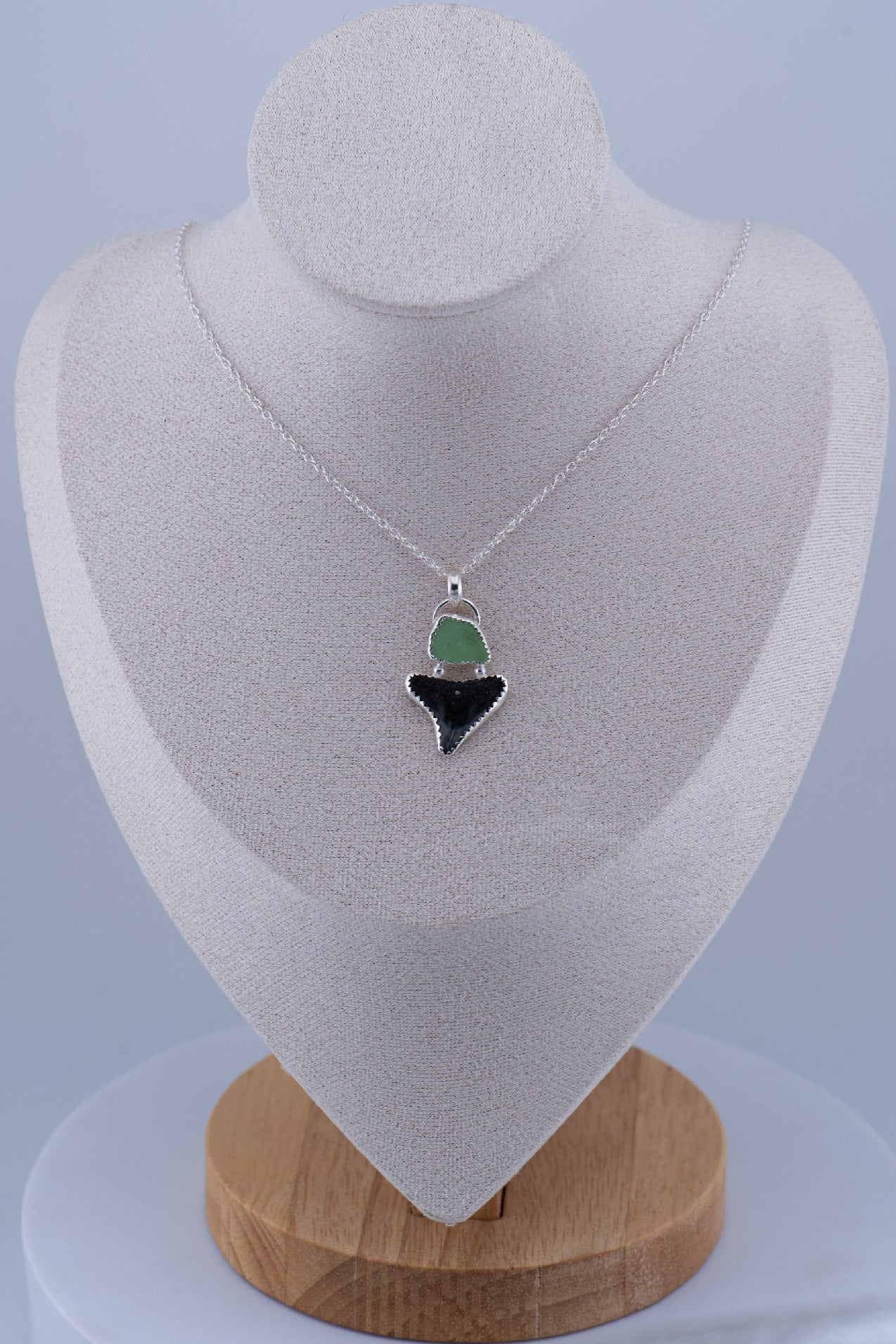 Shark tooth & Sea glass Pendant Necklace Sterling Silver