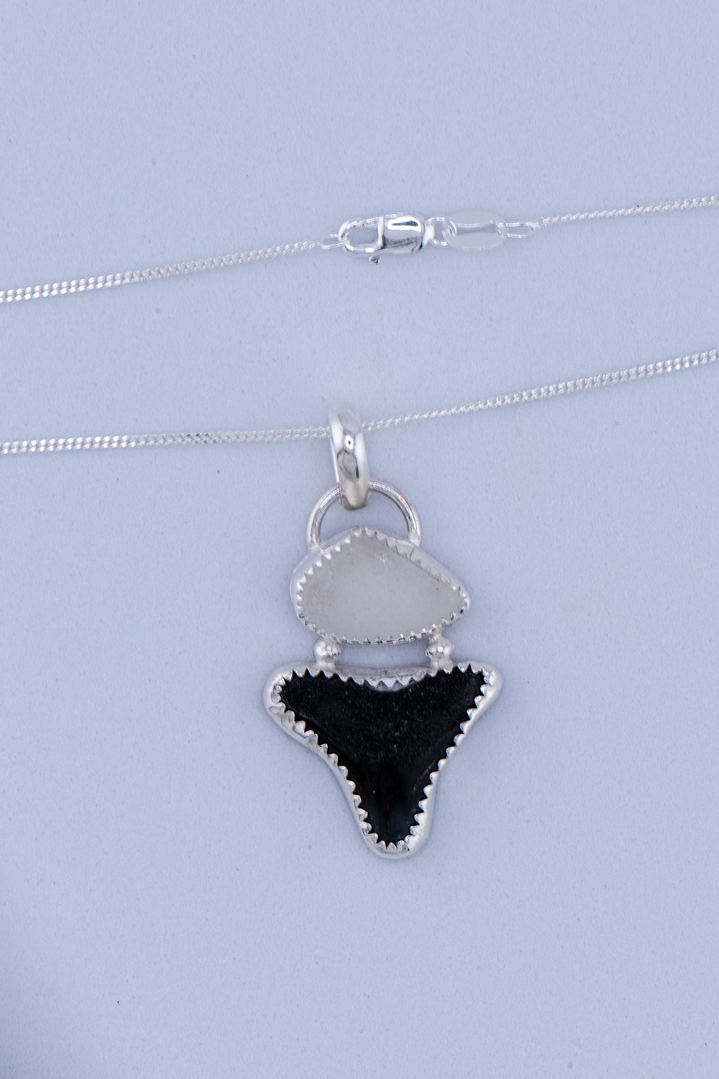 Shark tooth & Sea glass Pendant Necklace Sterling Silver