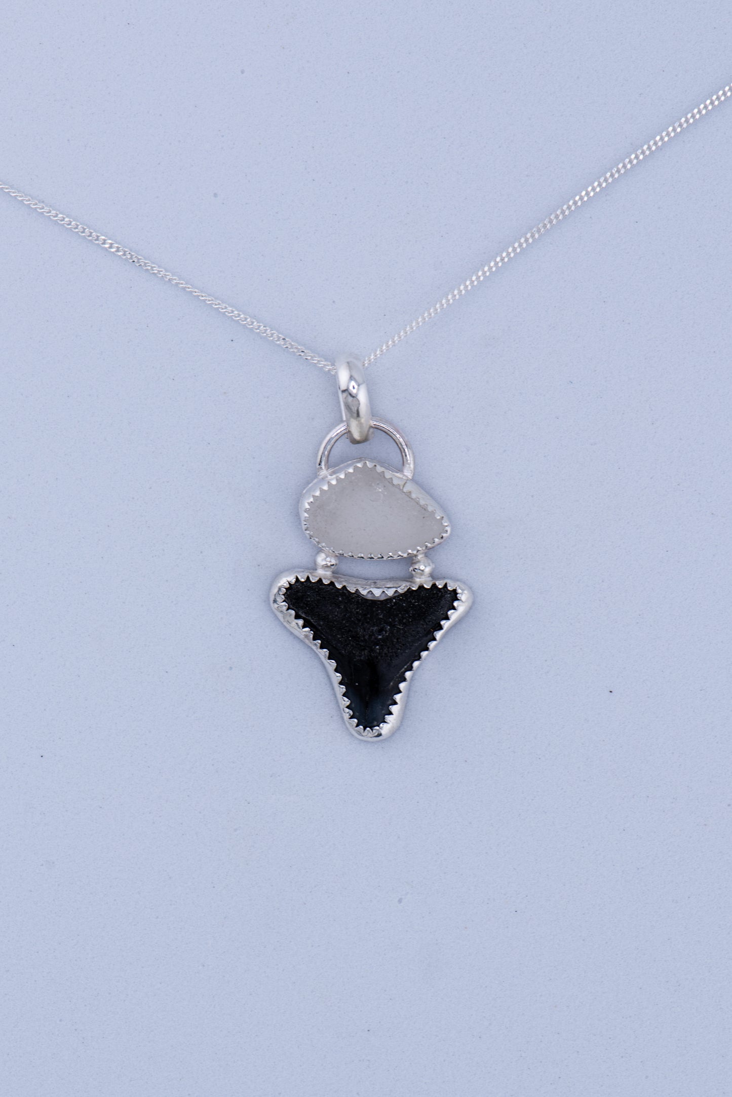 Shark tooth & Sea glass Pendant Necklace Sterling Silver