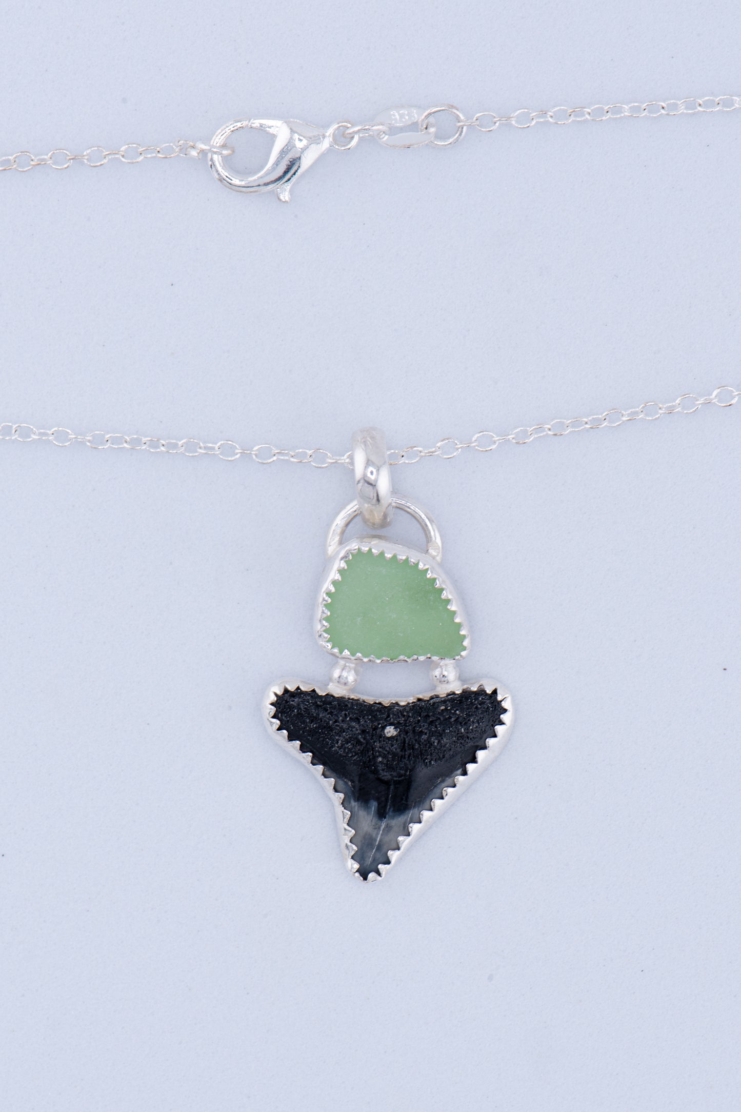 Shark tooth & Sea glass Pendant Necklace Sterling Silver