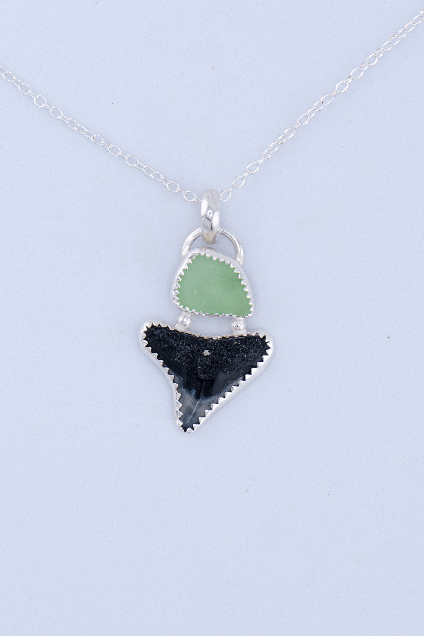 Shark tooth & Sea glass Pendant Necklace Sterling Silver