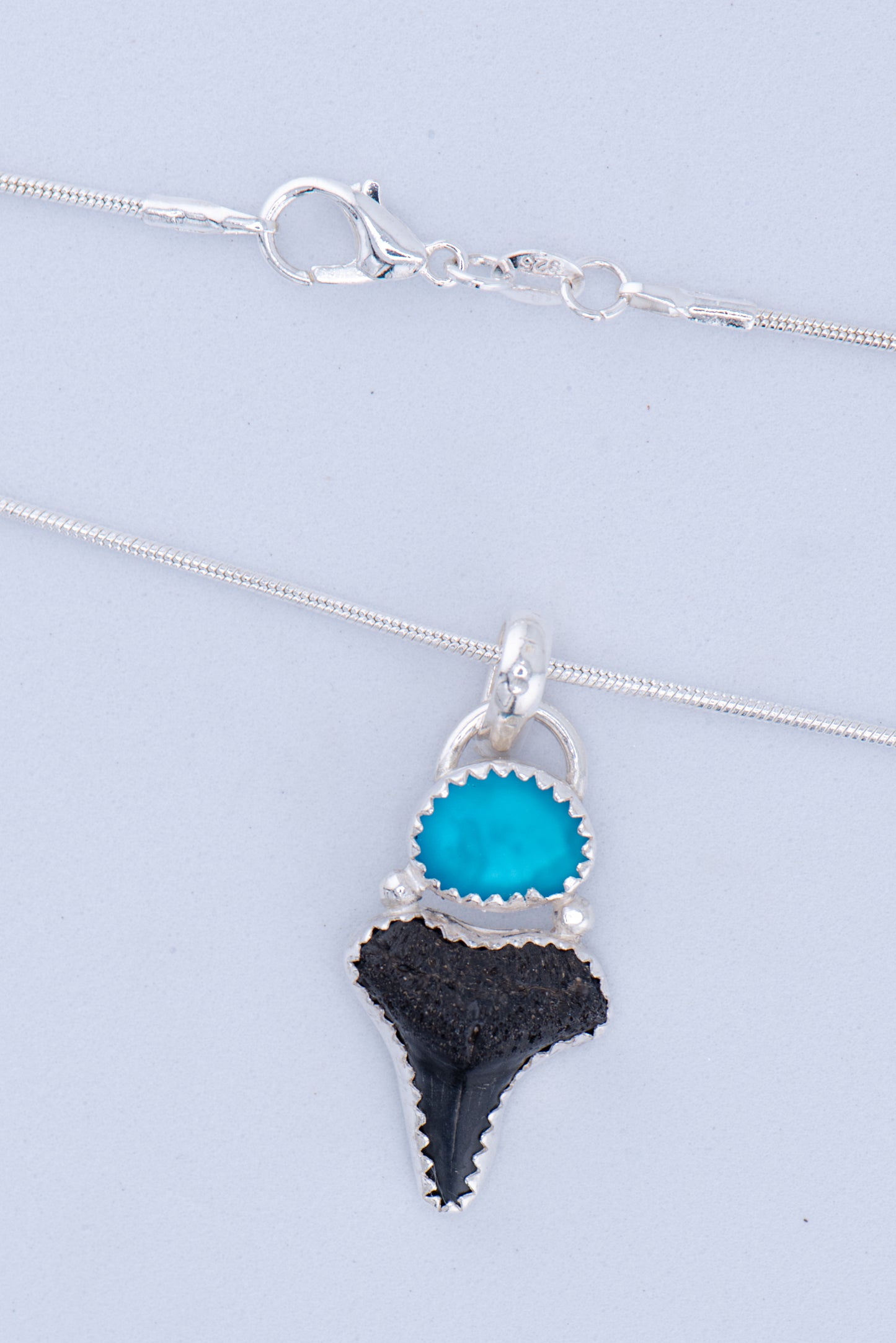 Shark tooth & Tumbled glass Pendant Necklace Sterling Silver