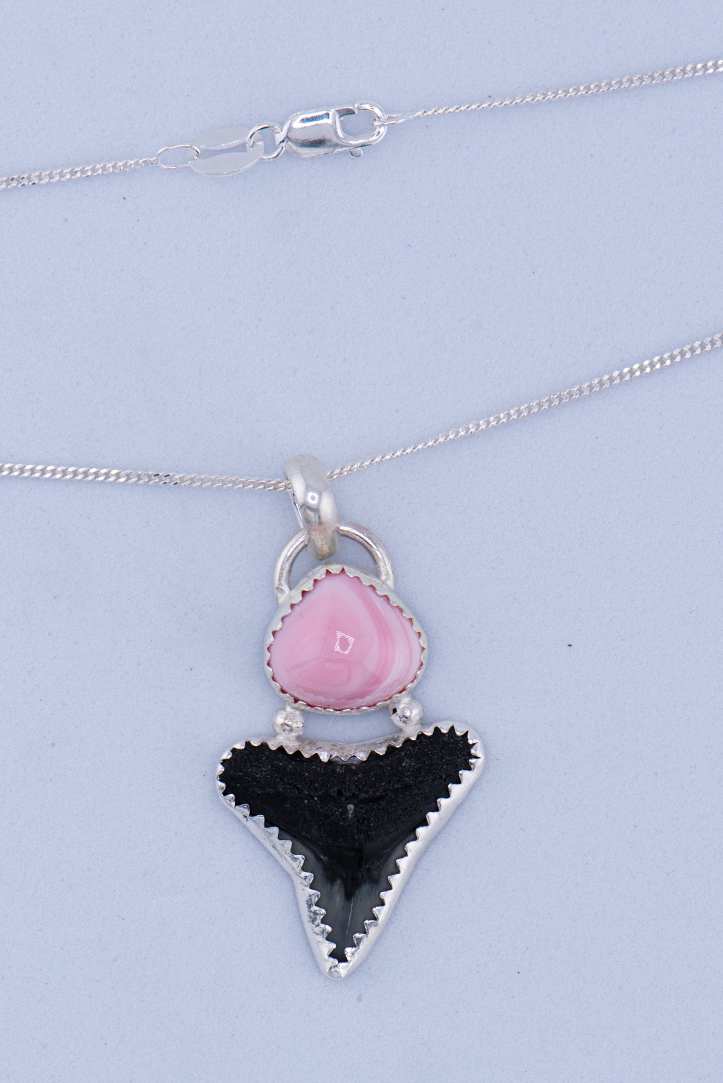 Shark Tooth & Pink Conch Shell Pendant – Sterling Silver