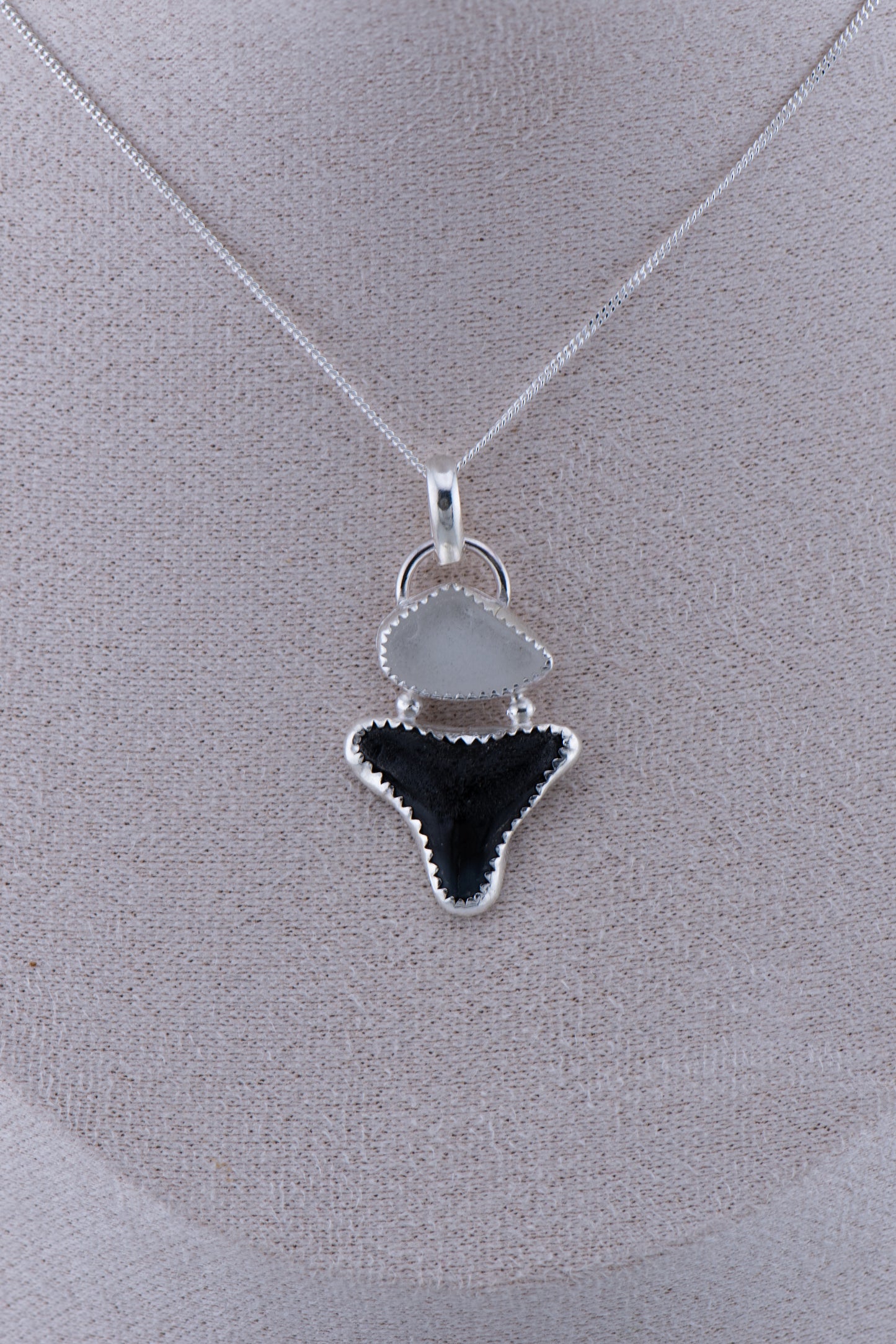 Shark tooth & Sea glass Pendant Necklace Sterling Silver