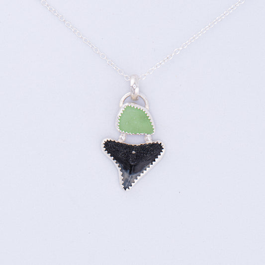 Shark tooth & Sea glass Pendant Necklace Sterling Silver