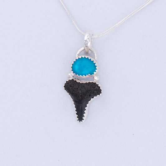 Shark tooth & Tumbled glass Pendant Necklace Sterling Silver