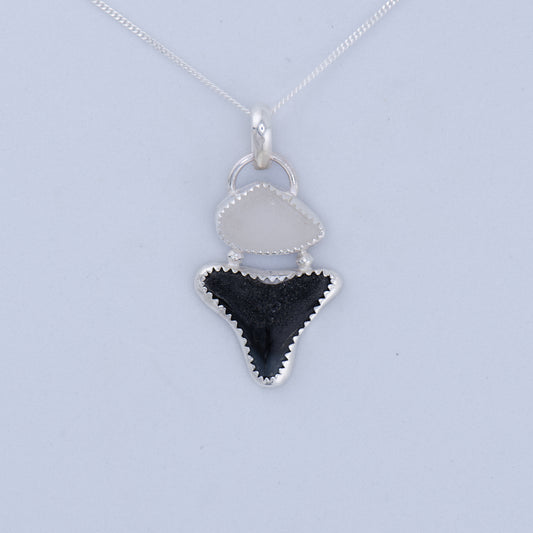 Shark tooth & Sea glass Pendant Necklace Sterling Silver
