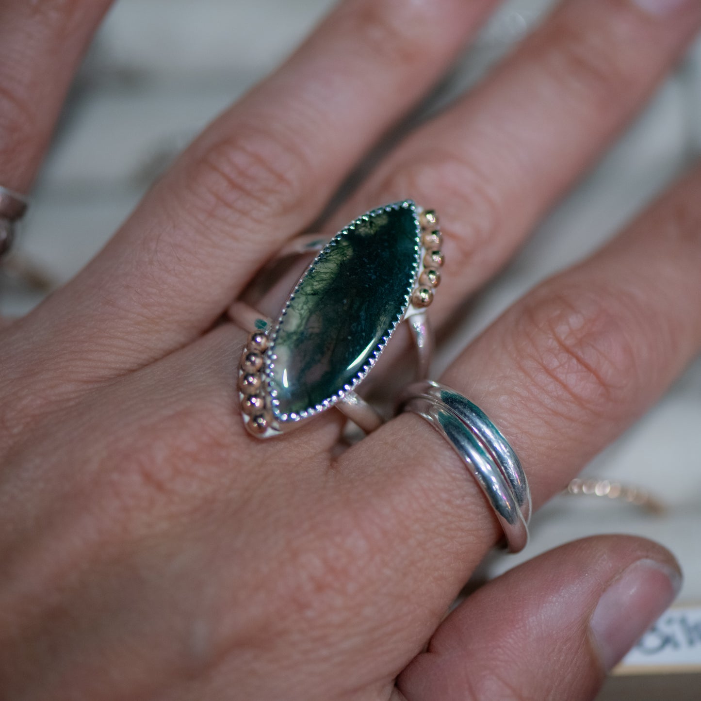Moss Agate Statement Ring – Sterling Silver & Gold Filled