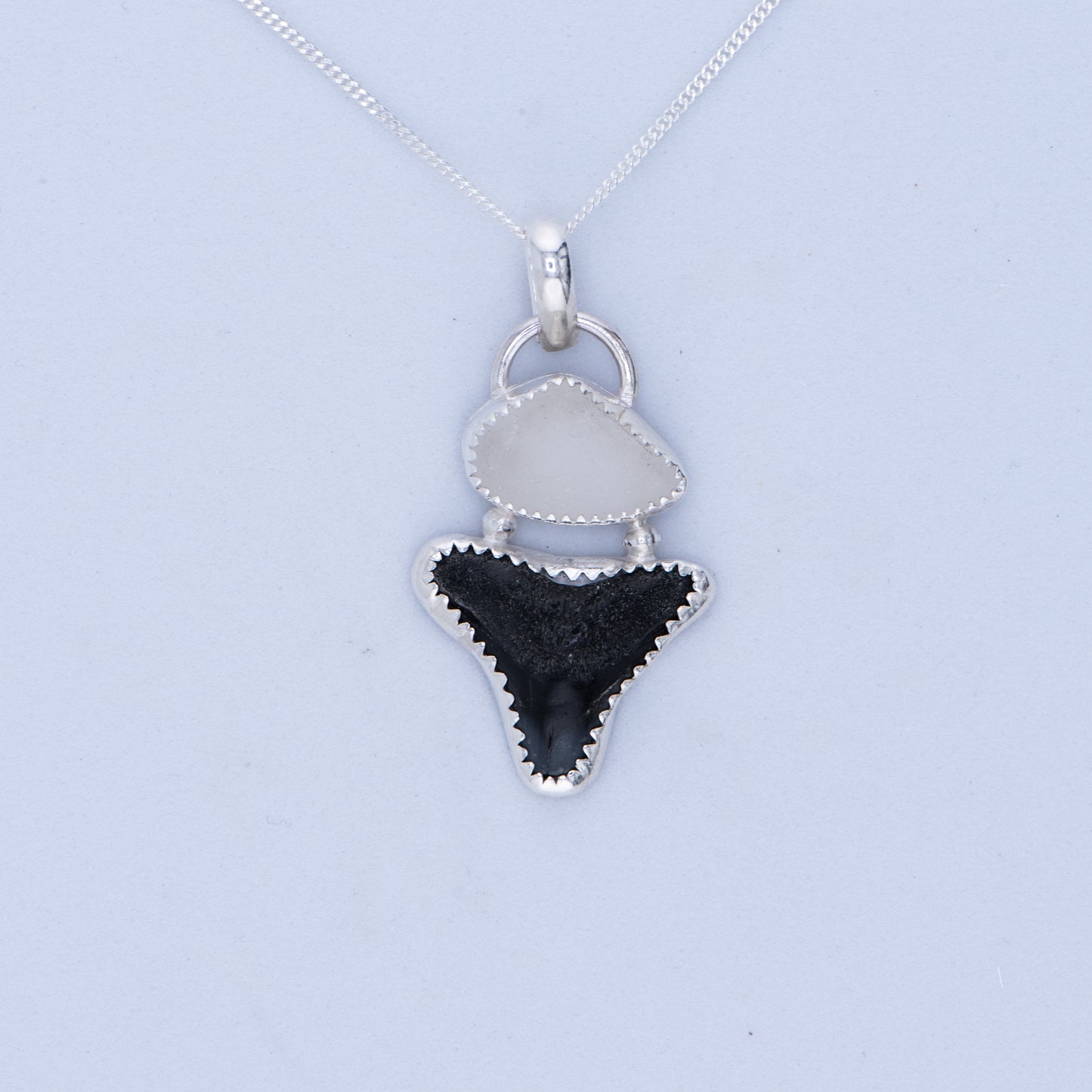Shark tooth & Sea glass Pendant Necklace Sterling Silver