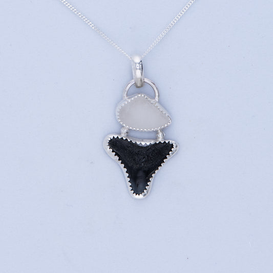 Shark tooth & Sea glass Pendant Necklace Sterling Silver