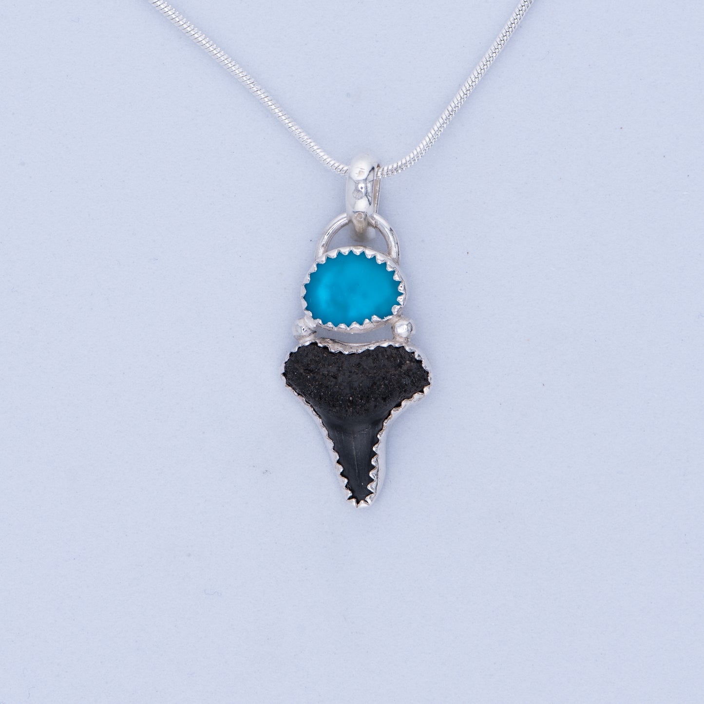 Shark tooth & Tumbled glass Pendant Necklace Sterling Silver