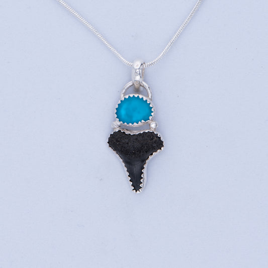 Shark tooth & Tumbled glass Pendant Necklace Sterling Silver