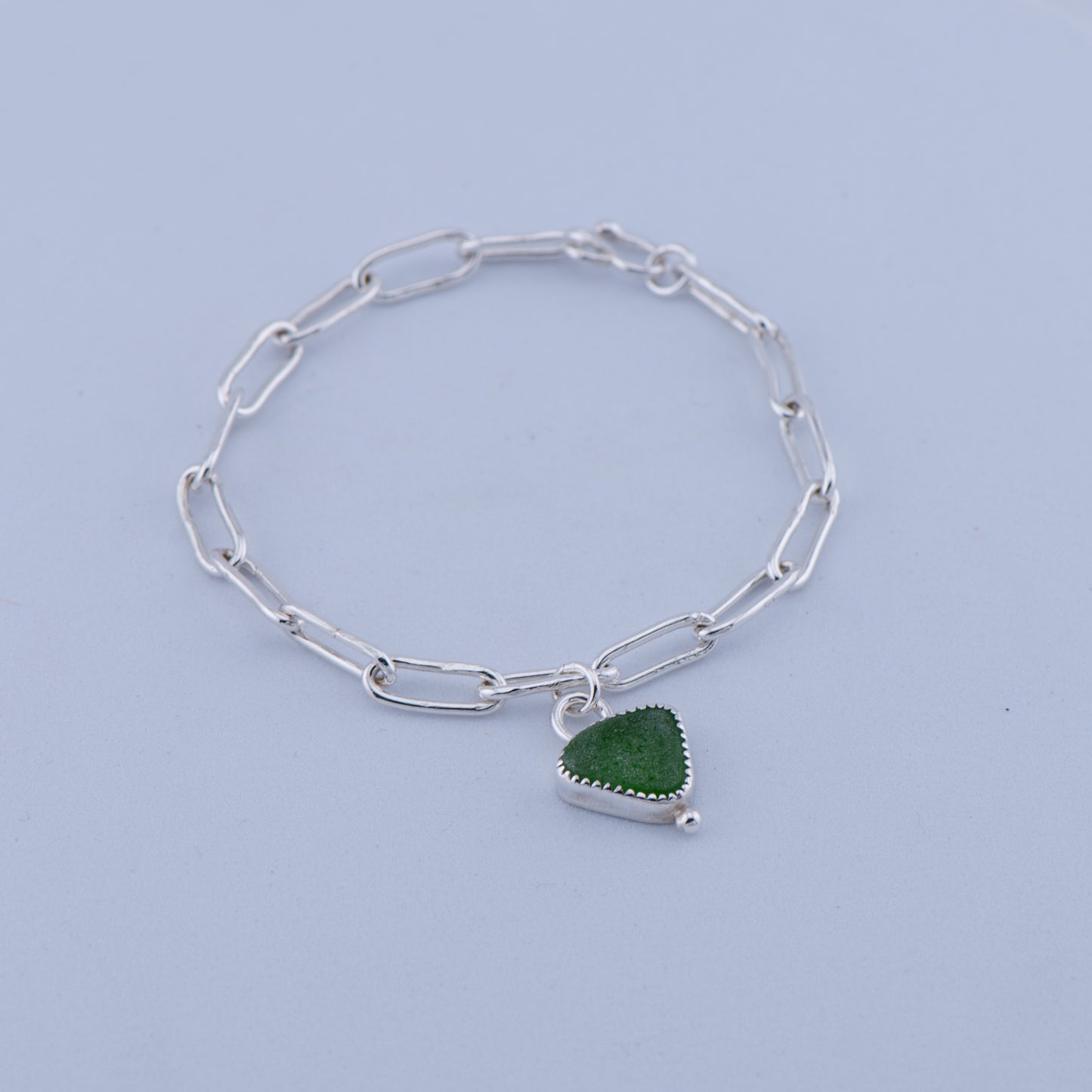Green Sea Glass Paper Clip Chain Bracelet
