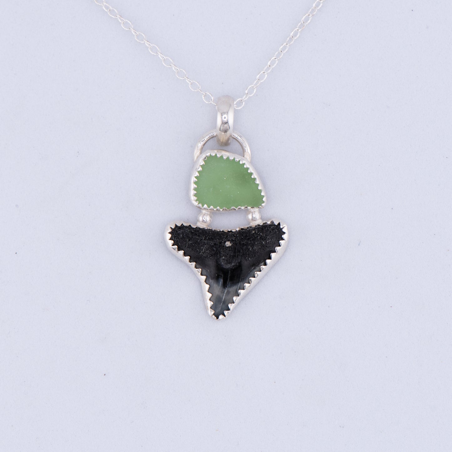Shark tooth & Sea glass Pendant Necklace Sterling Silver