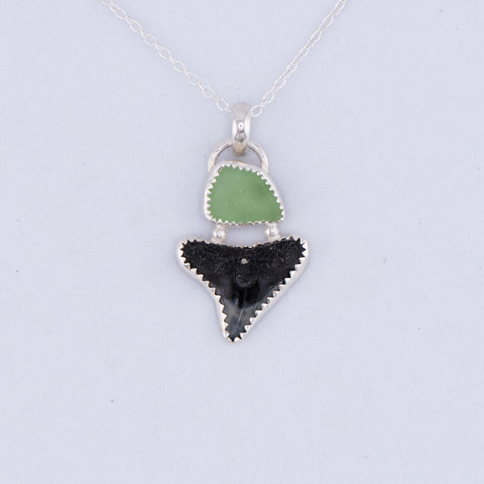 Shark tooth & Sea glass Pendant Necklace Sterling Silver